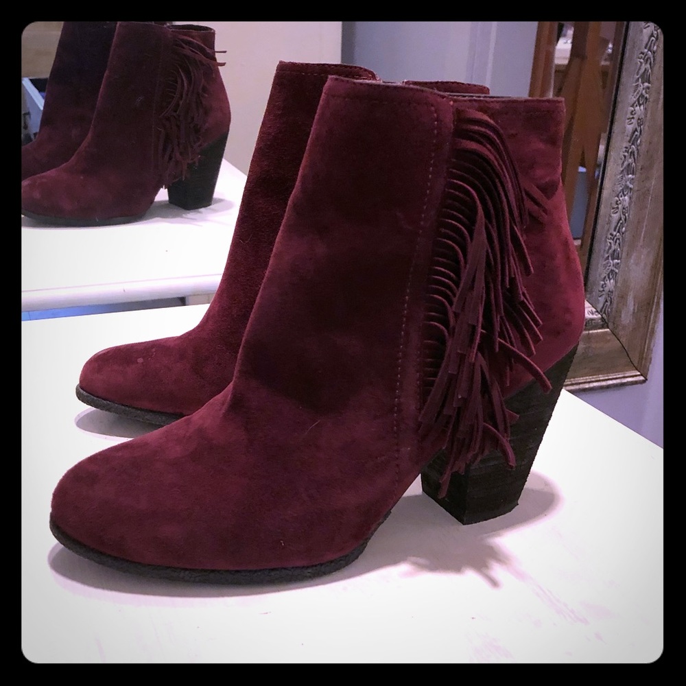 Camuto burgundy AND olive suede boots w fringe